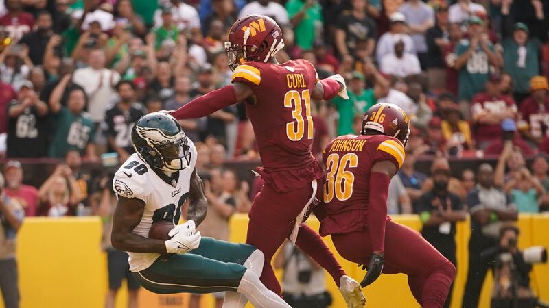 Philadelphia Eagles wide receiver Julio Jones (80) scoring a touchdown against Washington...
