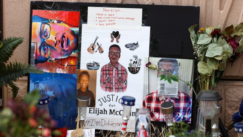 FILE - A makeshift memorial stands at a site across the street from where Elijah McClain was...